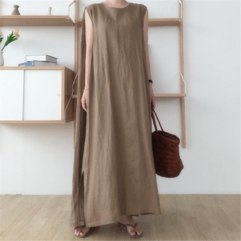 Women's Round Neck Loose Tank Top Long Slit Dress