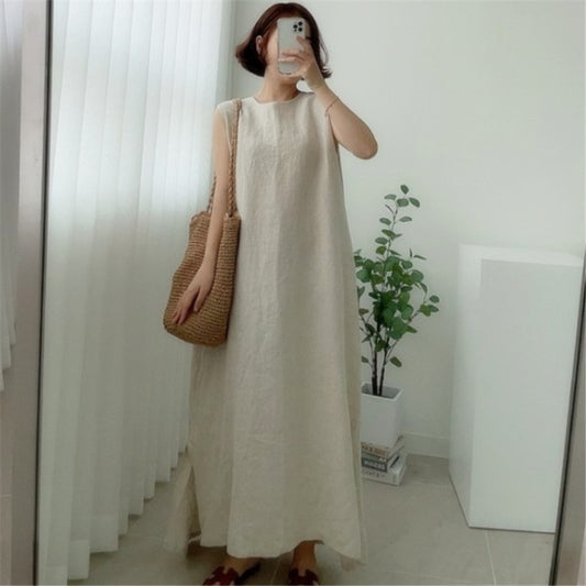 Women's Round Neck Loose Tank Top Long Slit Dress