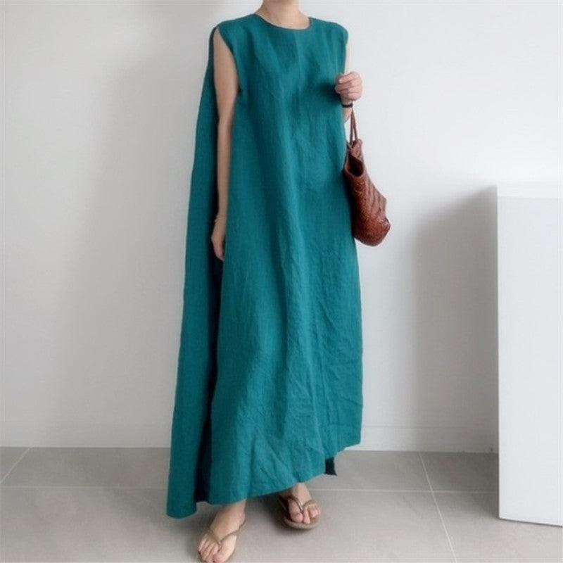 Women's Round Neck Loose Tank Top Long Slit Dress