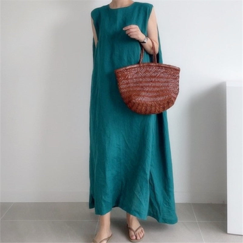 Women's Round Neck Loose Tank Top Long Slit Dress