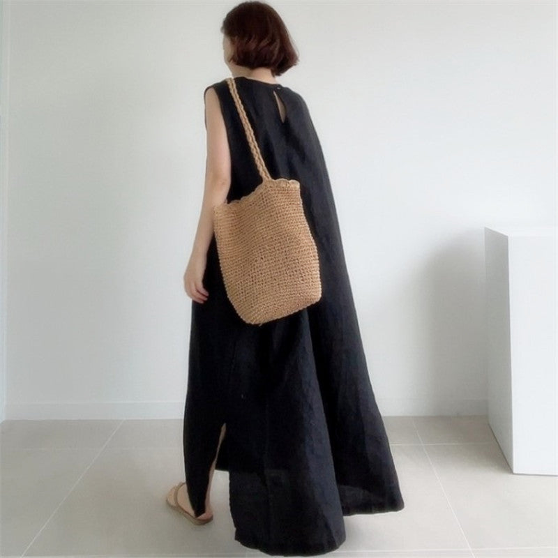 Women's Round Neck Loose Tank Top Long Slit Dress